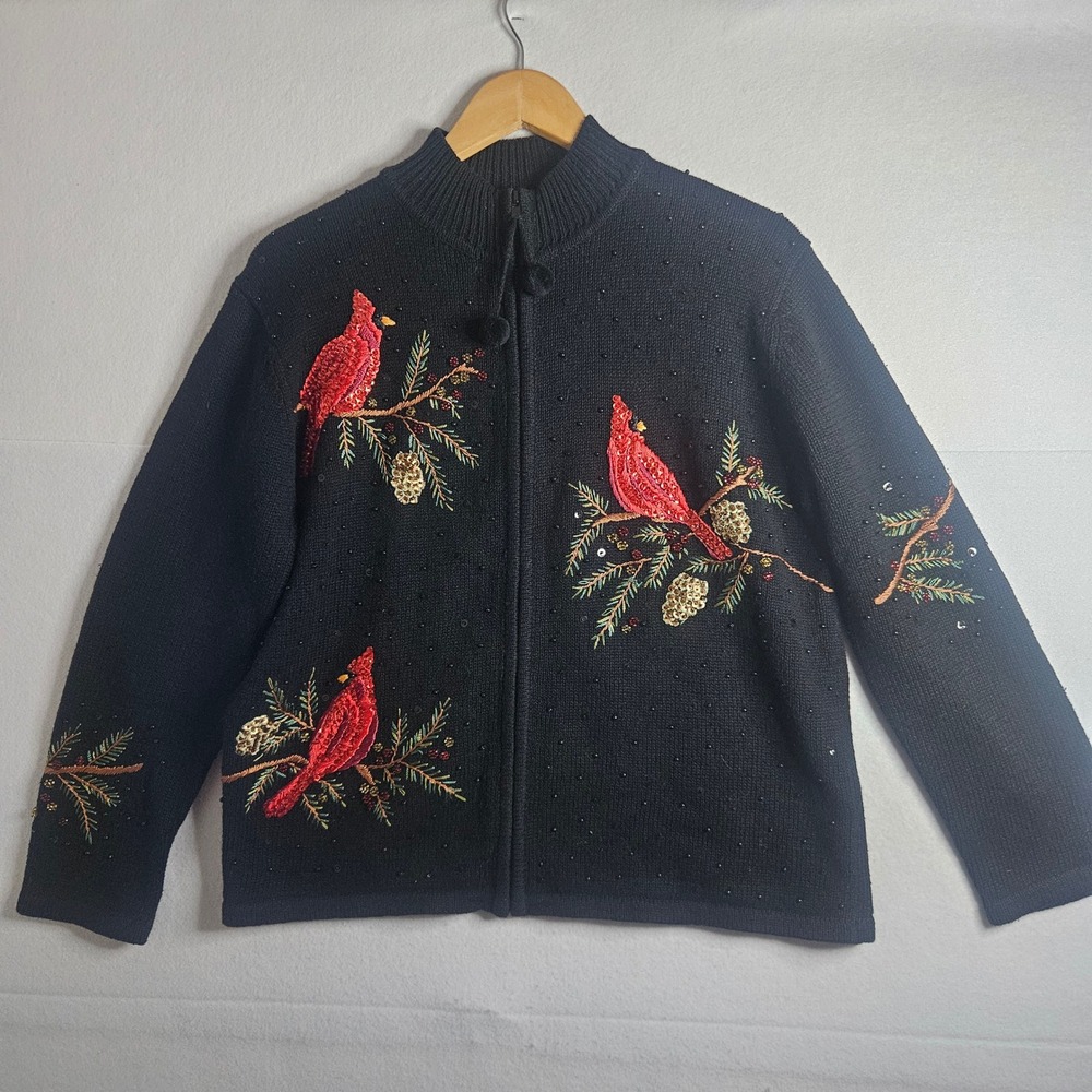 Tiara International Christmas Collection 2004 Cardinal Zip Up Sweater Black L
